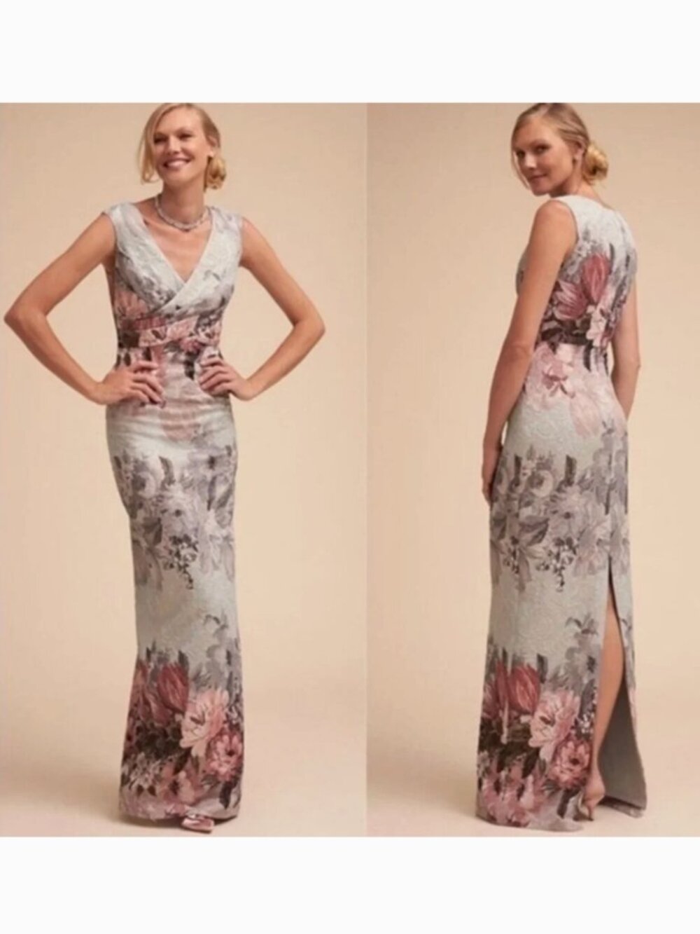 BHLDN Adrianna Papell Lilliana Blue Floral Metallic Jacquard Maxi Gown - Picture 1 of 12